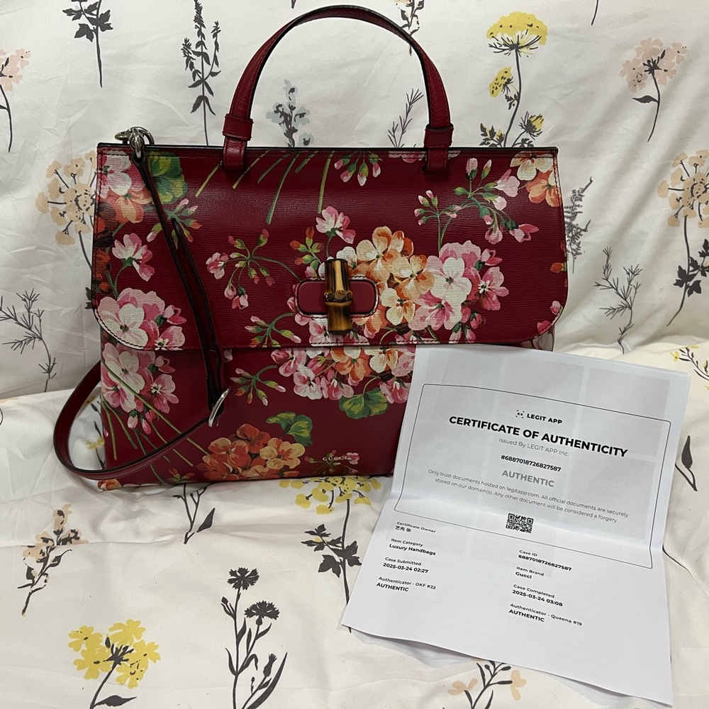 Authentic Gucci Leather Blooms Bamboo Daily Large Satchel
